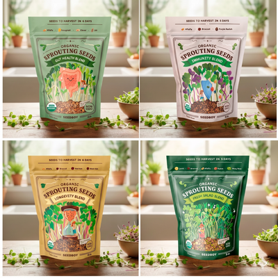Daily Wellness Bundle - Salad, Immunity, Gut Health & Longevity - Organic Sprouting Seeds, Four 8 oz Bags