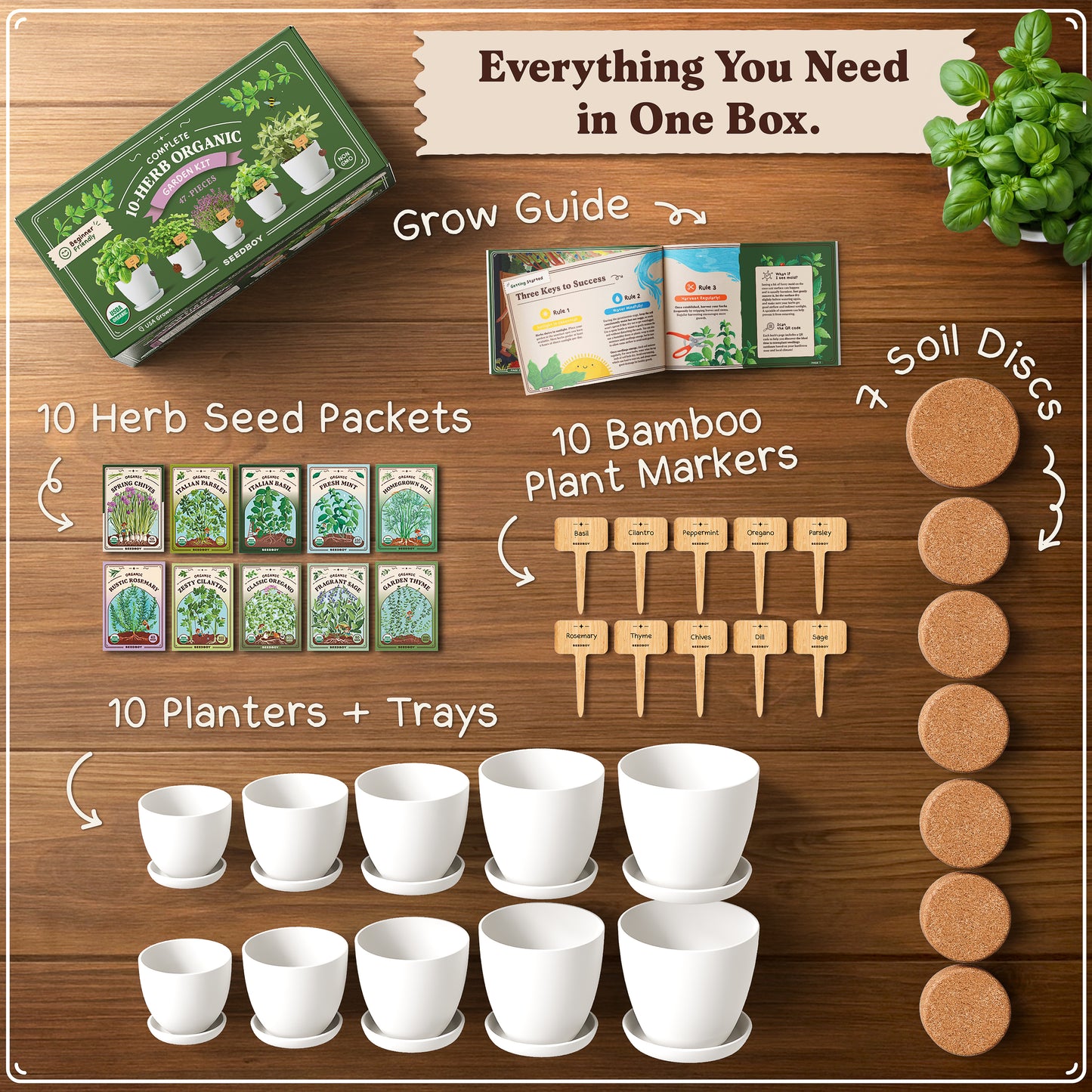 Premium 10-Herb Garden Kit, Organic Non GMO Seeds - All-in-One Indoor Herb Growing Set
