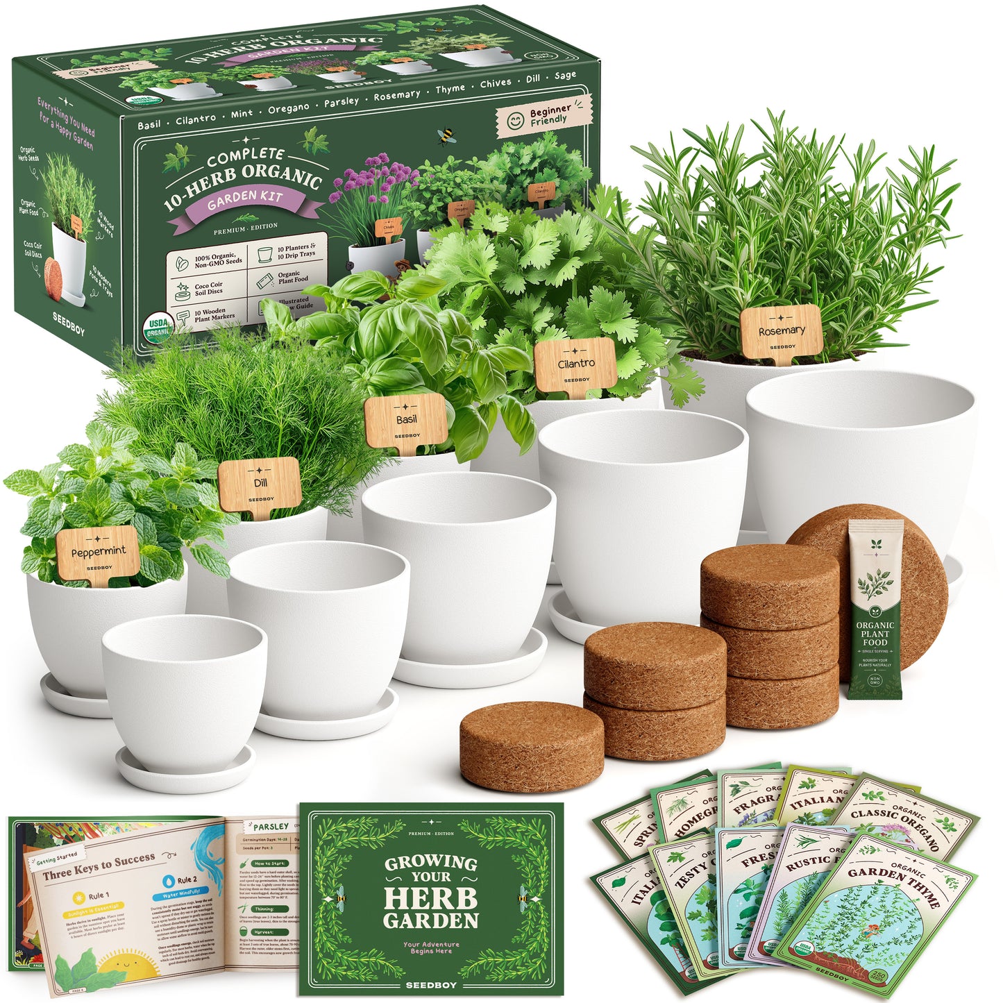 Premium 10-Herb Garden Kit, Organic Non GMO Seeds - All-in-One Indoor Herb Growing Set