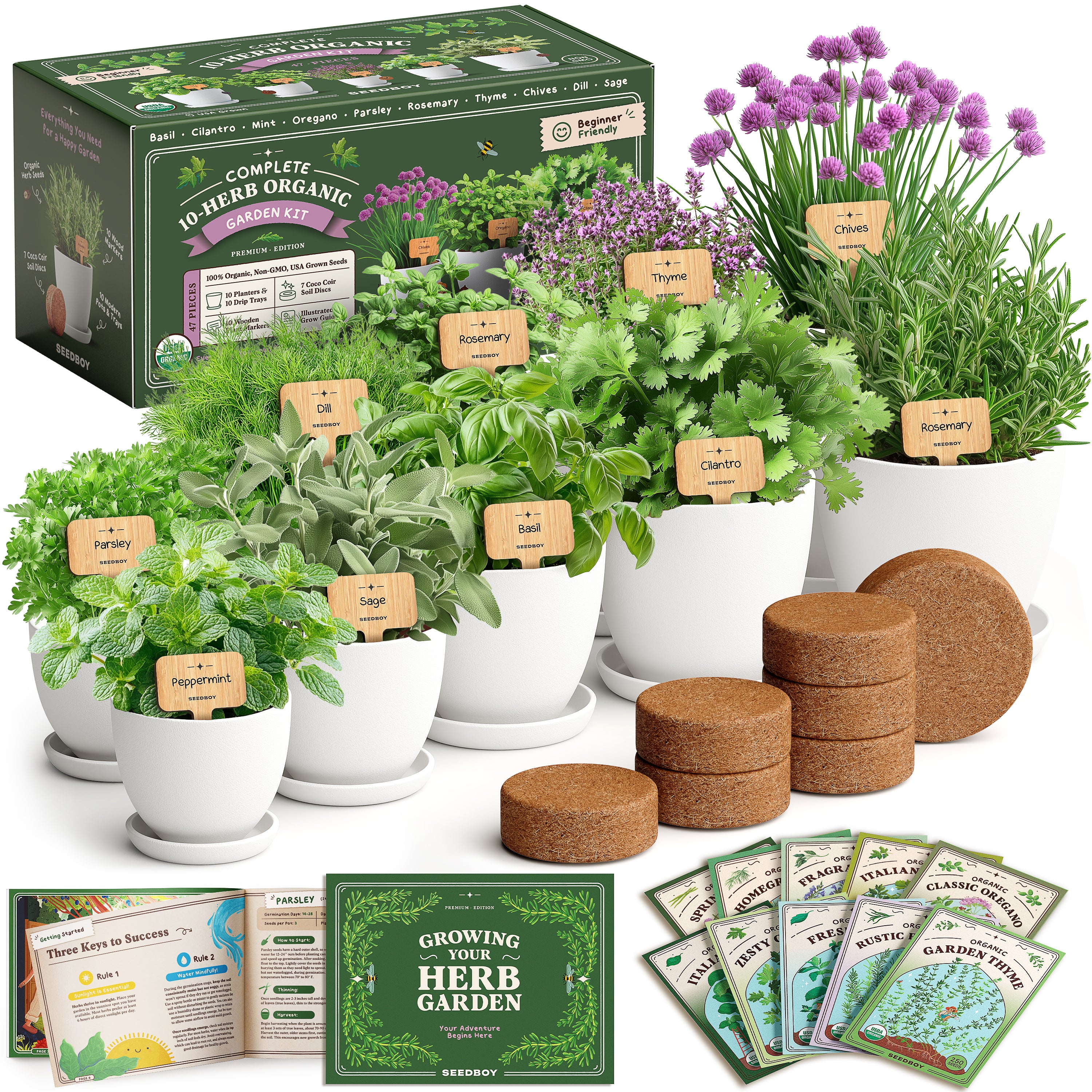 Premium 10-Herb Garden Kit, Organic Non GMO Seeds - All-in-One