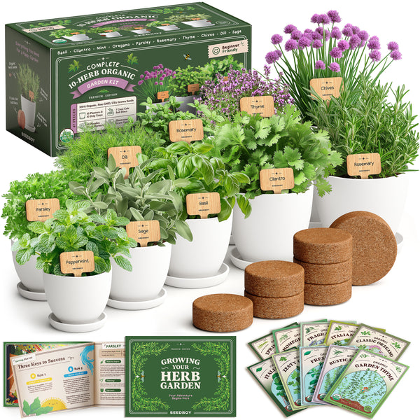 Premium 10-Herb Garden Kit, Organic Non GMO Seeds - All-in-One