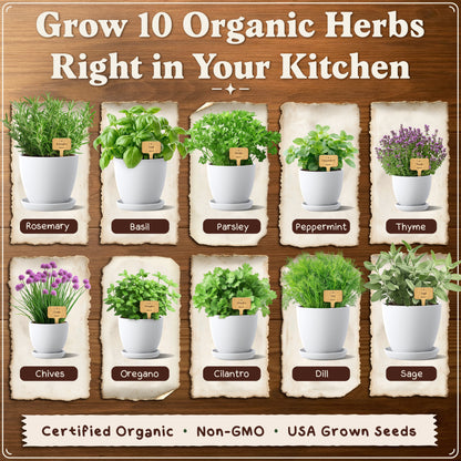 Premium 10-Herb Garden Kit, Organic Non GMO Seeds - All-in-One Indoor Herb Growing Set
