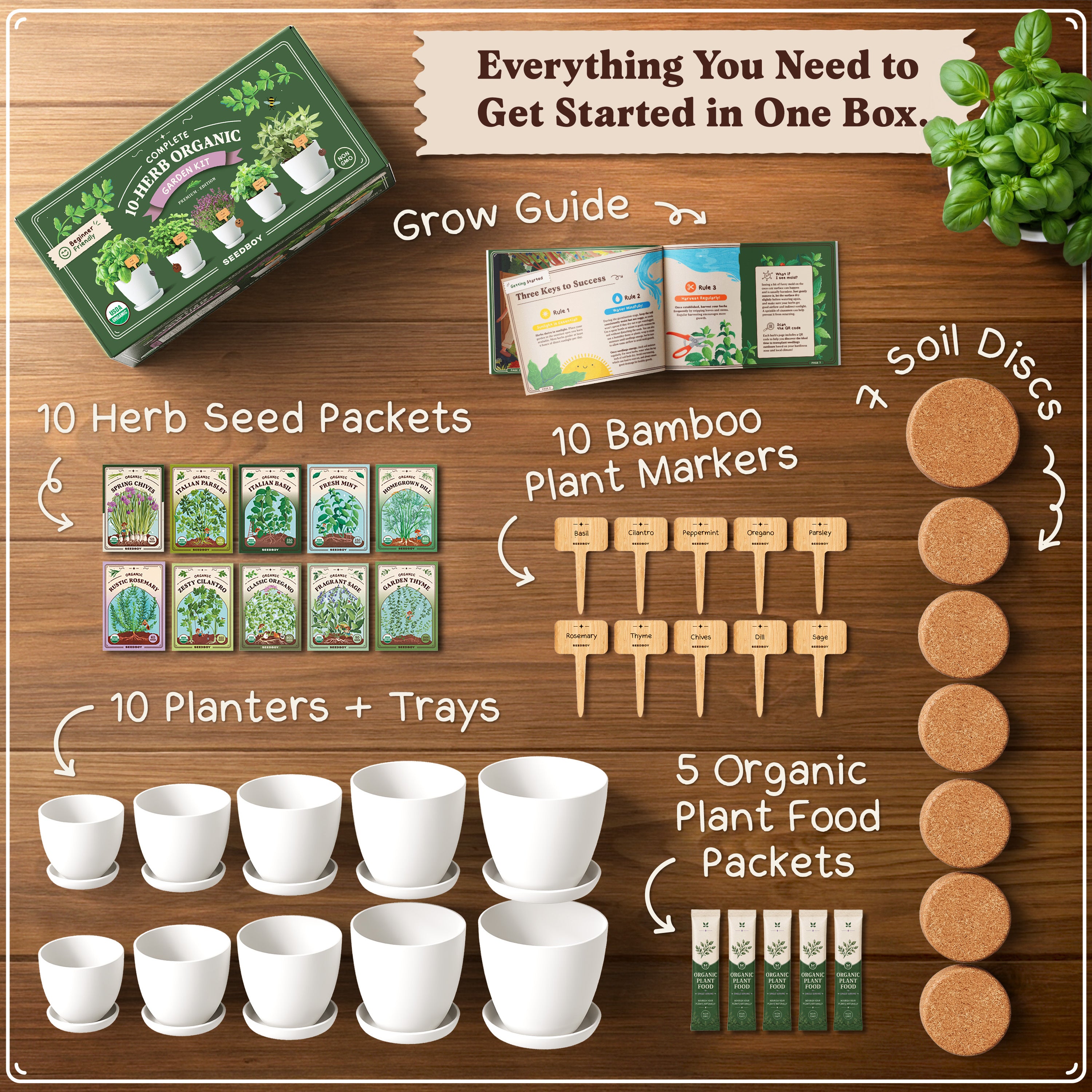 Premium 10-Herb Garden Kit, Organic Non GMO Seeds - All-in-One
