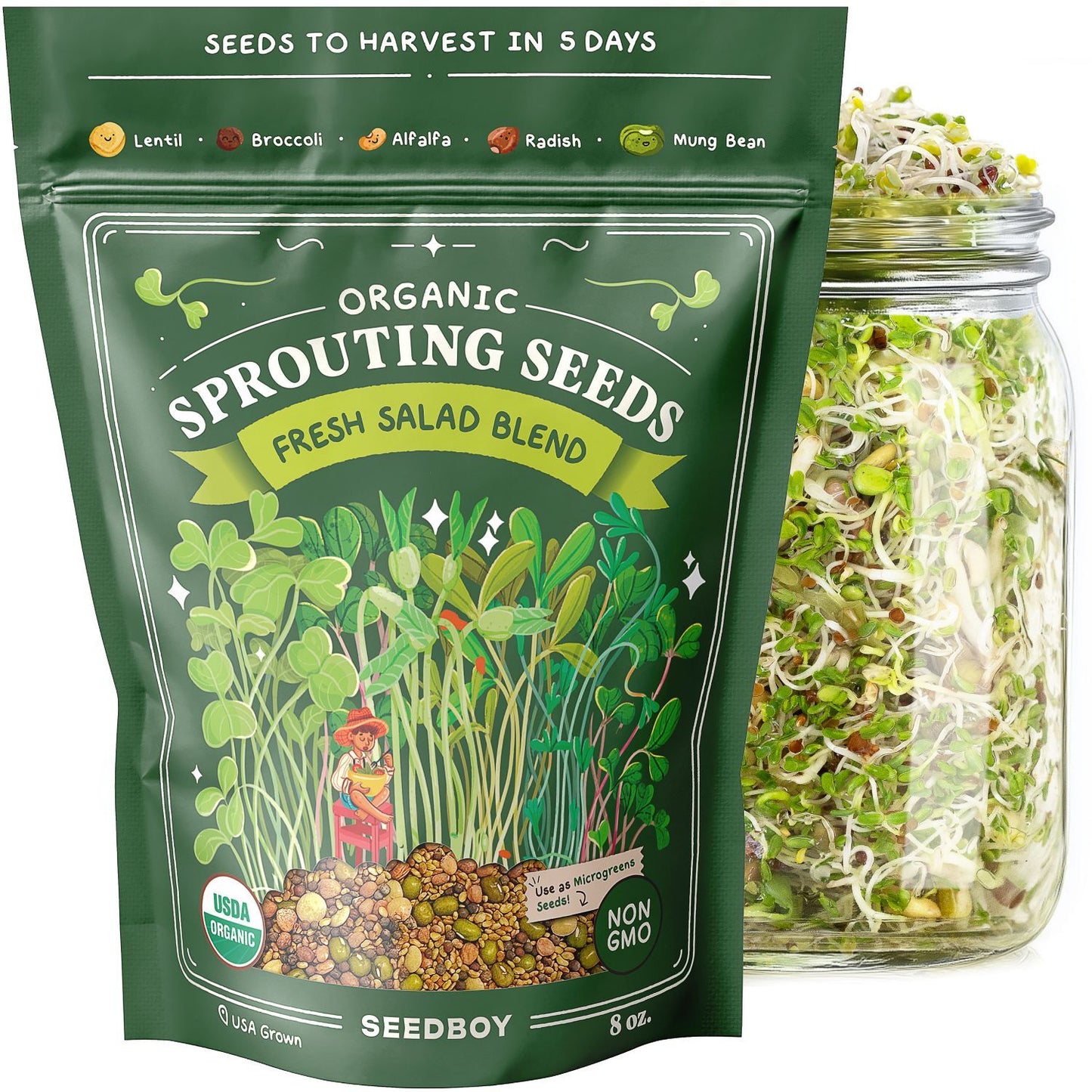Fresh Salad Blend Sprouting Seeds, Organic & Non-GMO  – 8 oz Bag