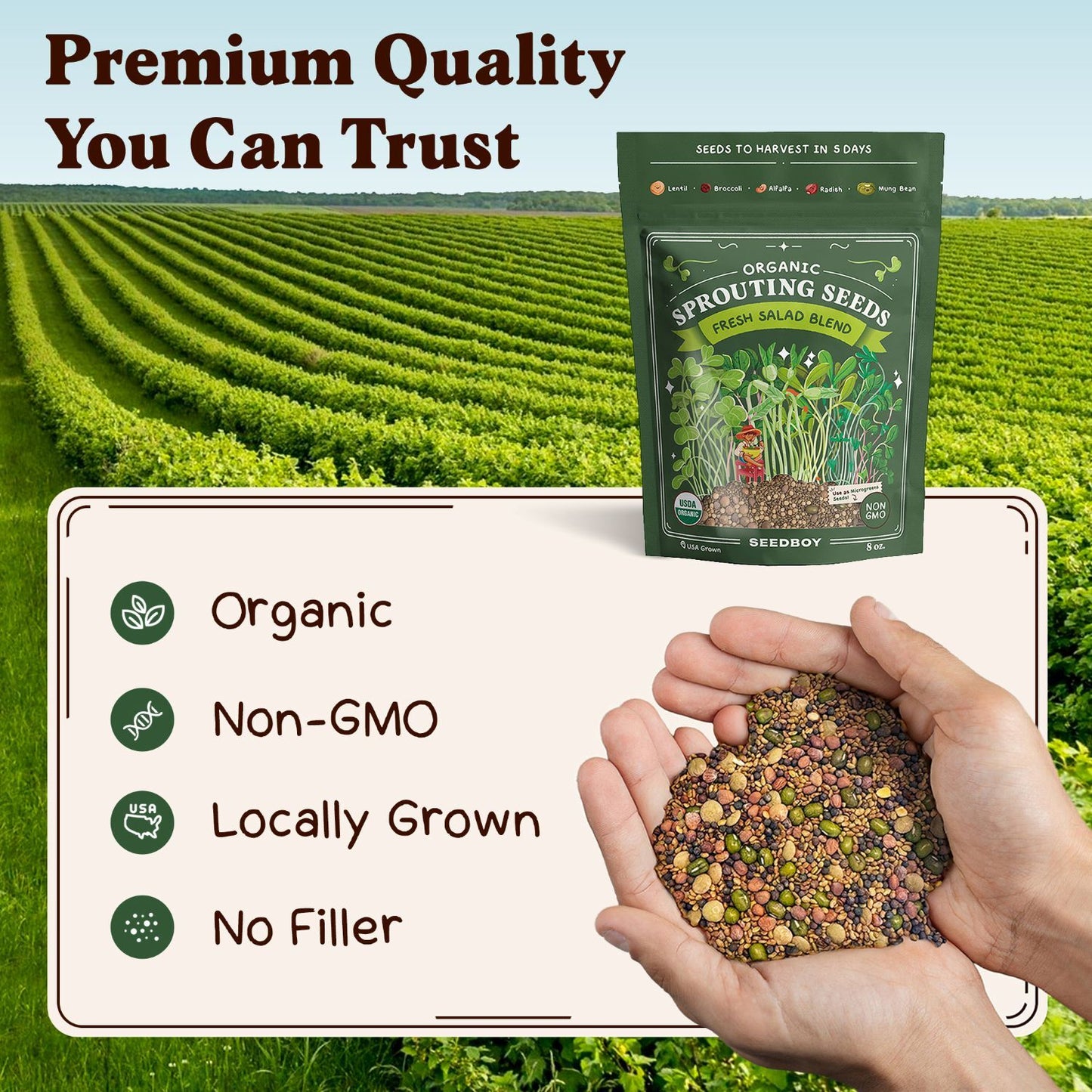 Fresh Salad Blend Sprouting Seeds, Organic & Non-GMO  – 8 oz Bag