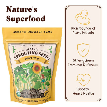 Sunflower Sprouting Seeds, Organic & Non-GMO  – 8 oz Bag