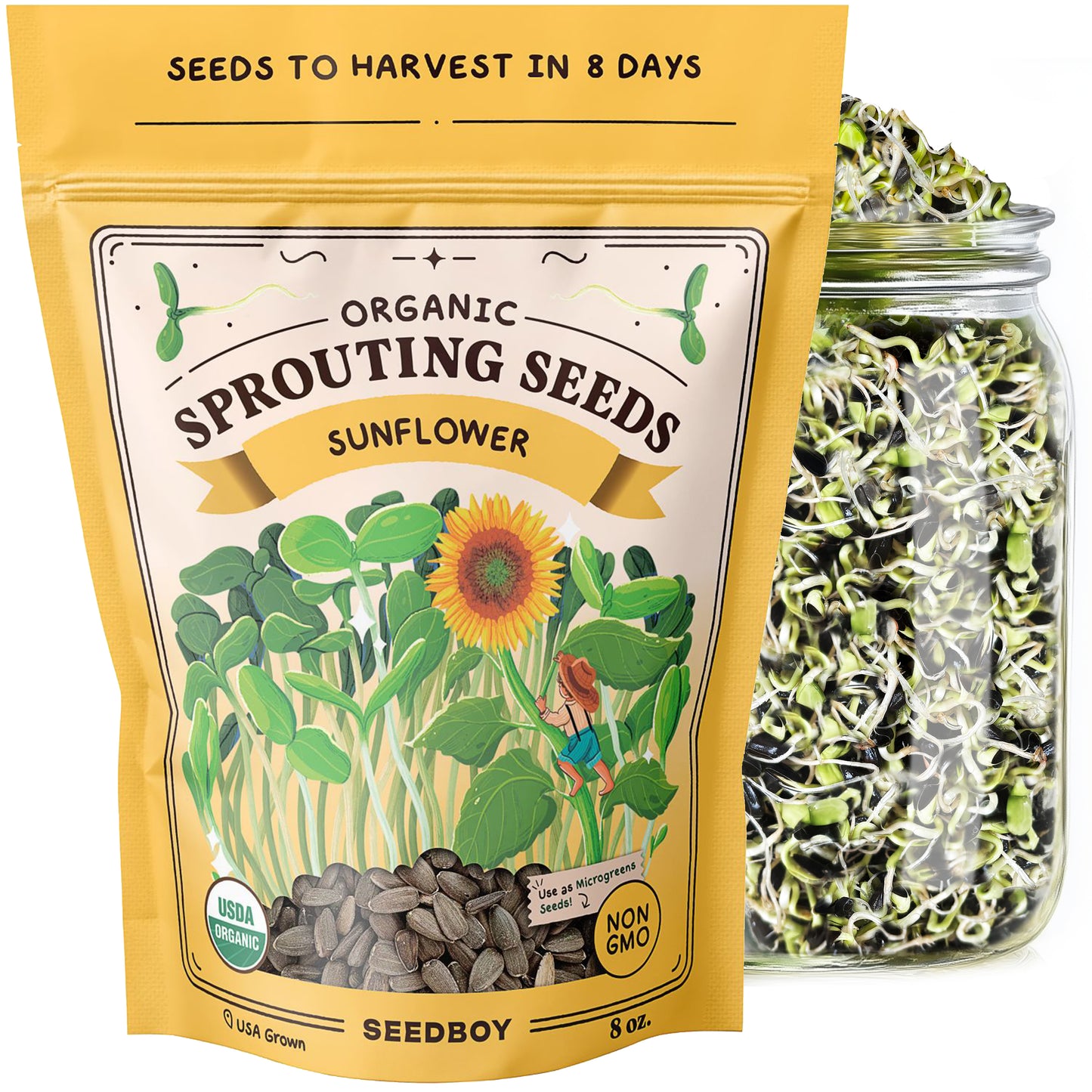 Sunflower Sprouting Seeds, Organic & Non-GMO  – 8 oz Bag