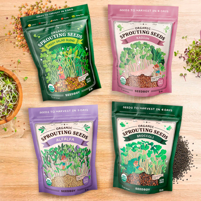 Salad Toppers - Salad Blend, Radish, Broccoli & Alfalfa Sprouting Seeds, Four 8 oz Bags