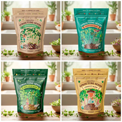 Favorites Bundle - Salad, Superfood, Protein & Longevity - Organic Sprouting Seeds, Four 8 oz Bags